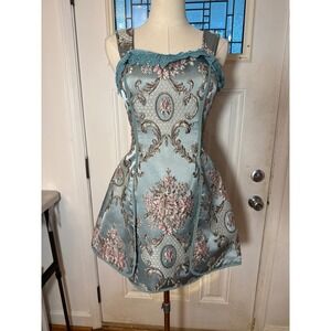 Infanta Blue Floral Brocade Lolita Mini Dress Lace Trim Corset Back Women Medium